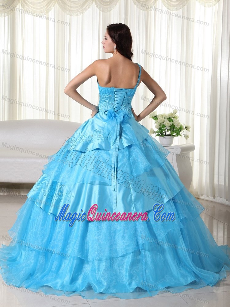 Multi-tiered one Shoulder Appliqued Aqua Blue Sweet 16 Dresses