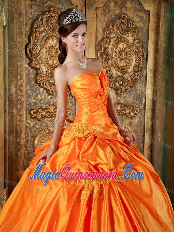 Orange Strapless Taffeta Dress For Quinceanera with Appliques in Paris