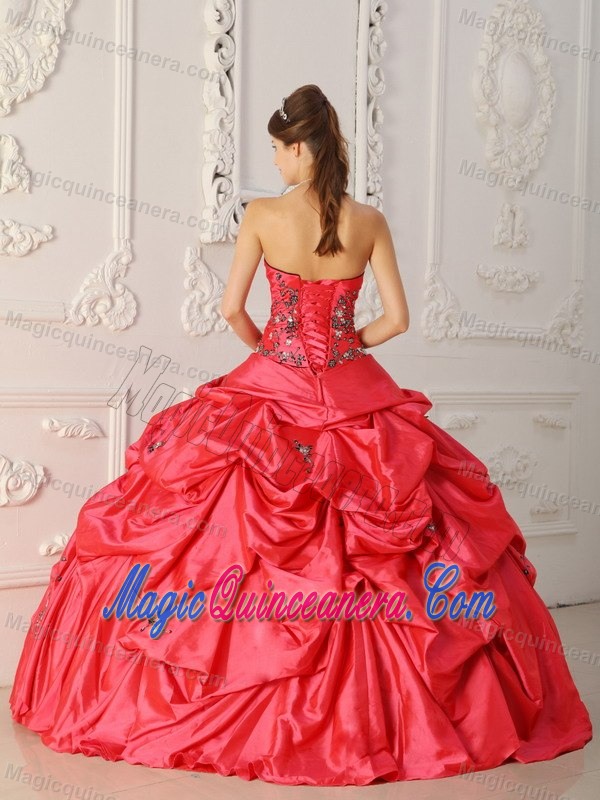 Red Strapless Taffeta Quinceanera Gown with Appliques in Farnborough