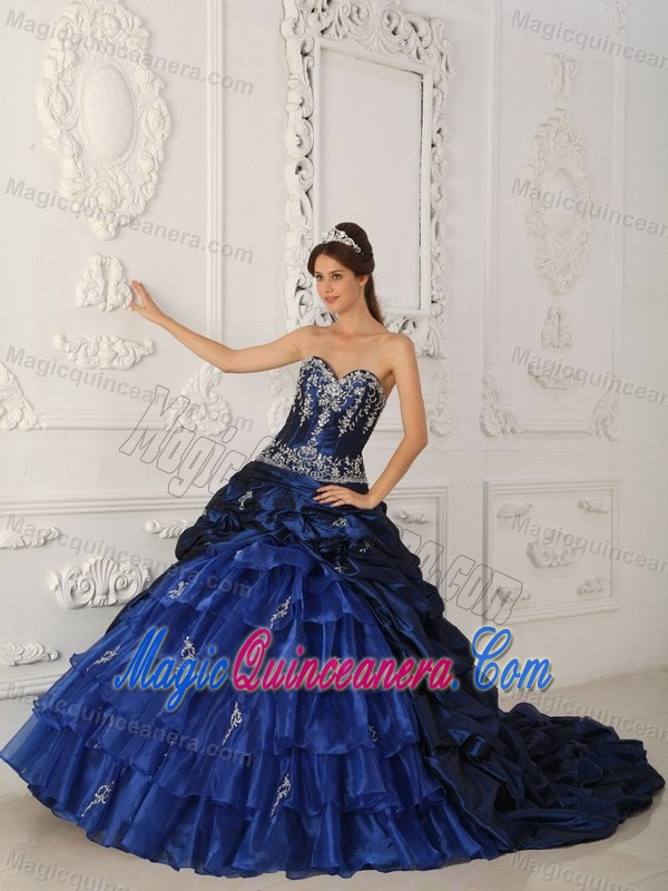 Blue Chapel Train Taffeta and Organza Sweet 16 Dresses in Paris