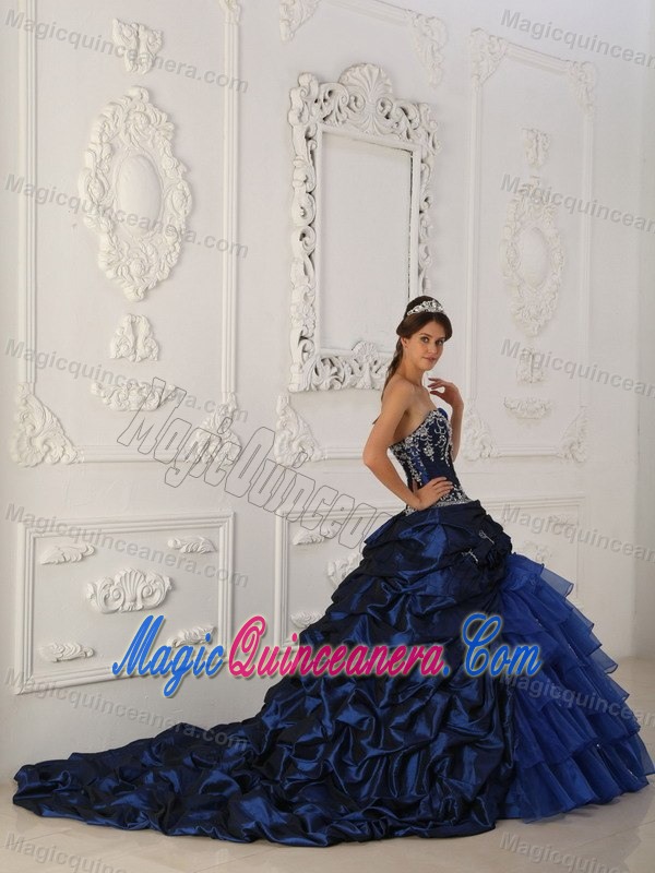 Blue Chapel Train Taffeta and Organza Sweet 16 Dresses in Paris