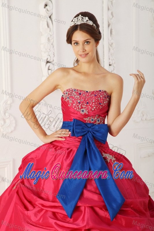 Red Beaded Taffeta Dress For Quinceanera with Blue Sash in Aachen