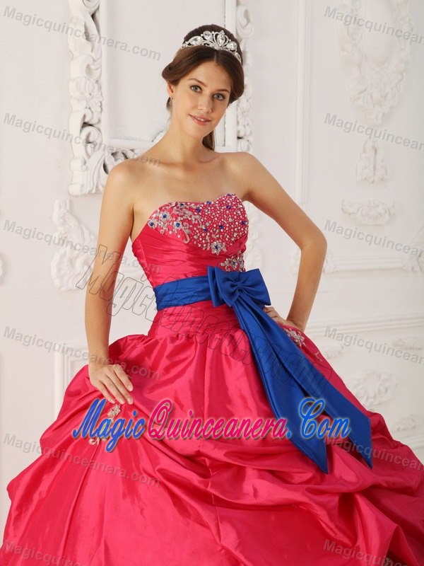 Red Beaded Taffeta Dress For Quinceanera with Blue Sash in Aachen