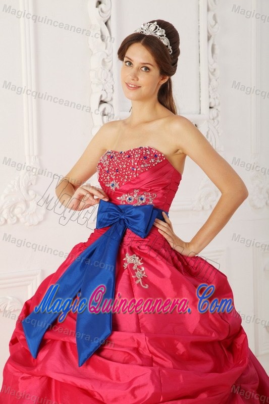 Red Beaded Taffeta Dress For Quinceanera with Blue Sash in Aachen