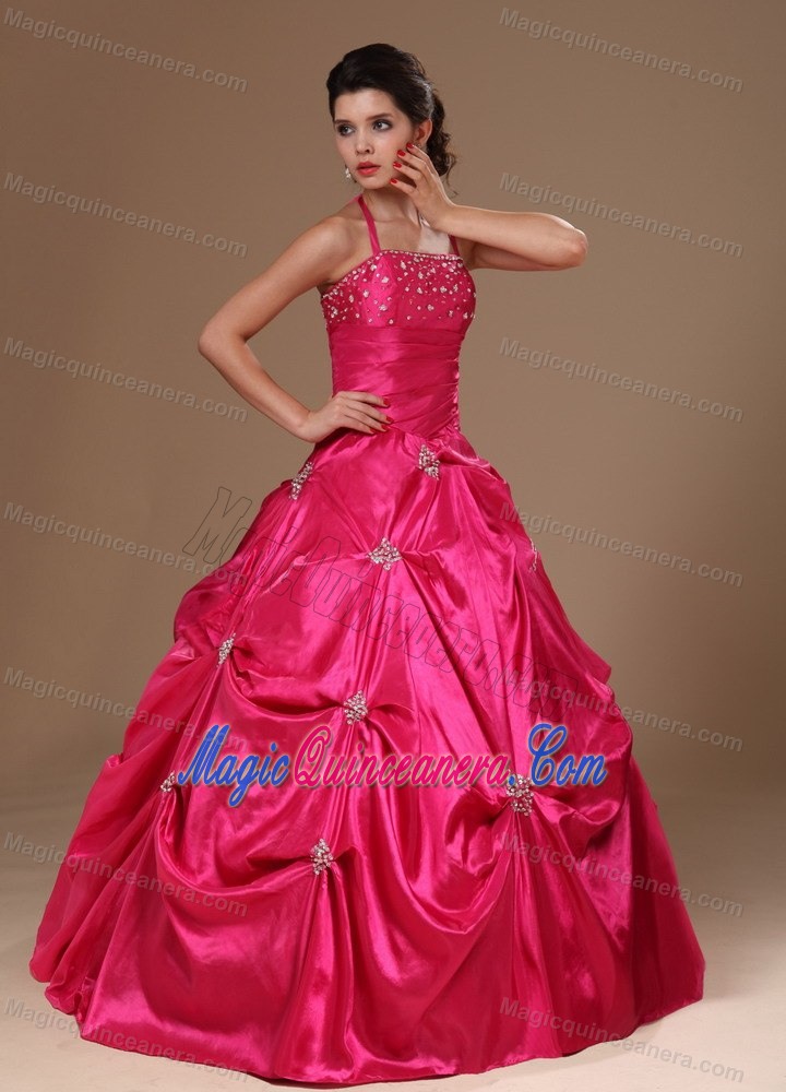 Hot Pink Halter Taffeta Pick Ups Sweet 16 Dresses in Belfast