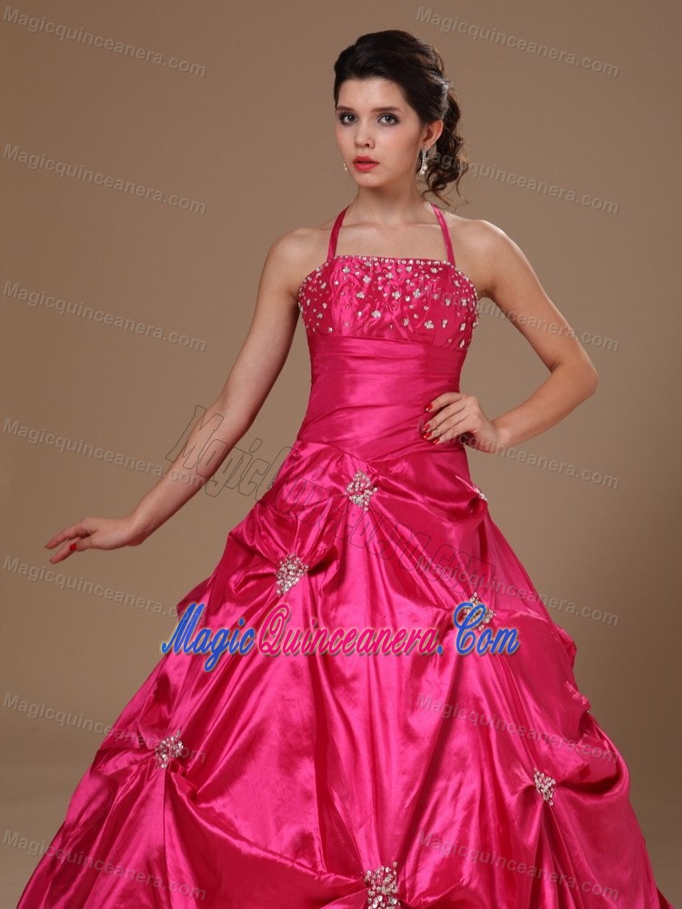 Hot Pink Halter Taffeta Pick Ups Sweet 16 Dresses in Belfast