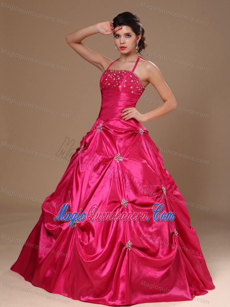 Hot Pink Halter Taffeta Pick Ups Sweet 16 Dresses in Belfast