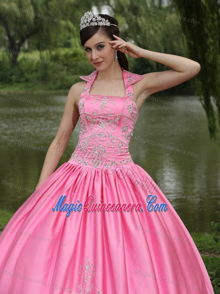 Rose Pink Beaded Halter Taffeta Dress For Quinceanera in London