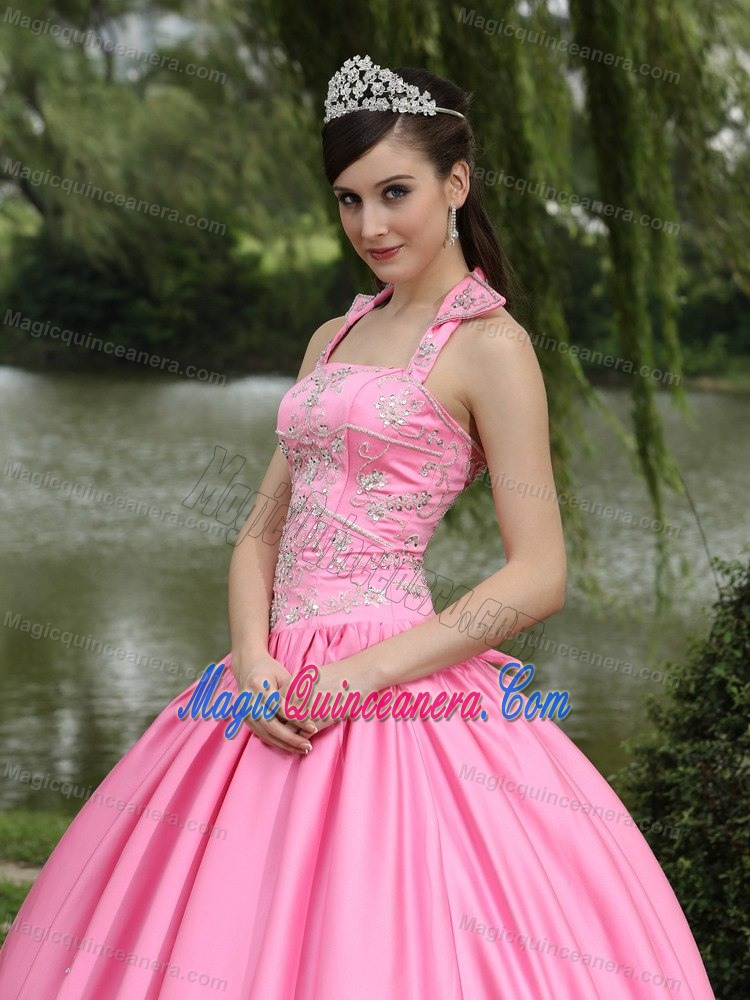 Rose Pink Beaded Halter Taffeta Dress For Quinceanera in London