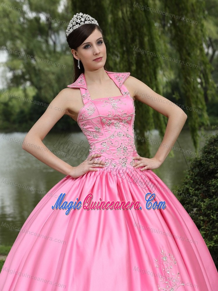 Rose Pink Beaded Halter Taffeta Dress For Quinceanera in London