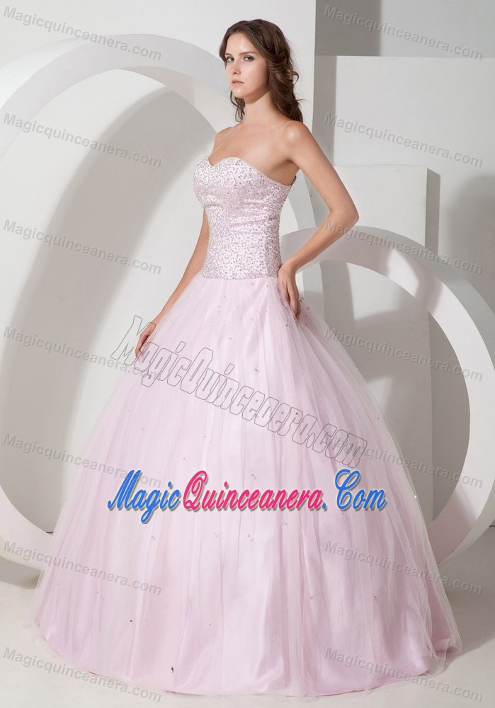 Floor-length Baby Pink Beaded Dress for Quince in Almolonga