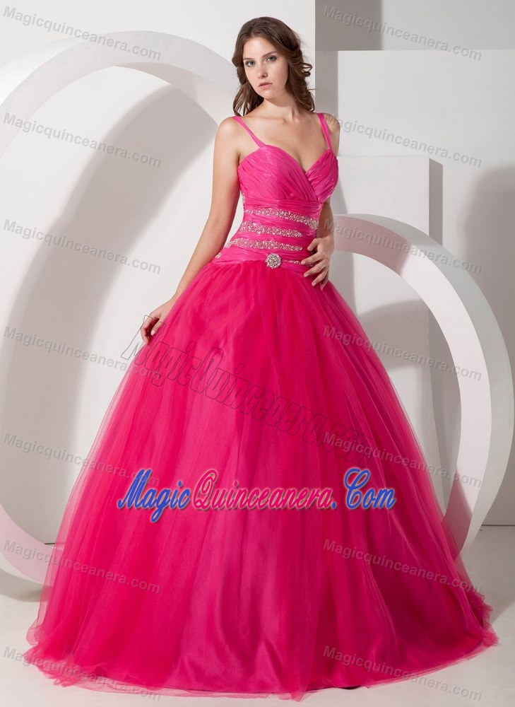 Hot Pink Beaded Sweet 15/16 Birthday Dress Spaghetti Straps