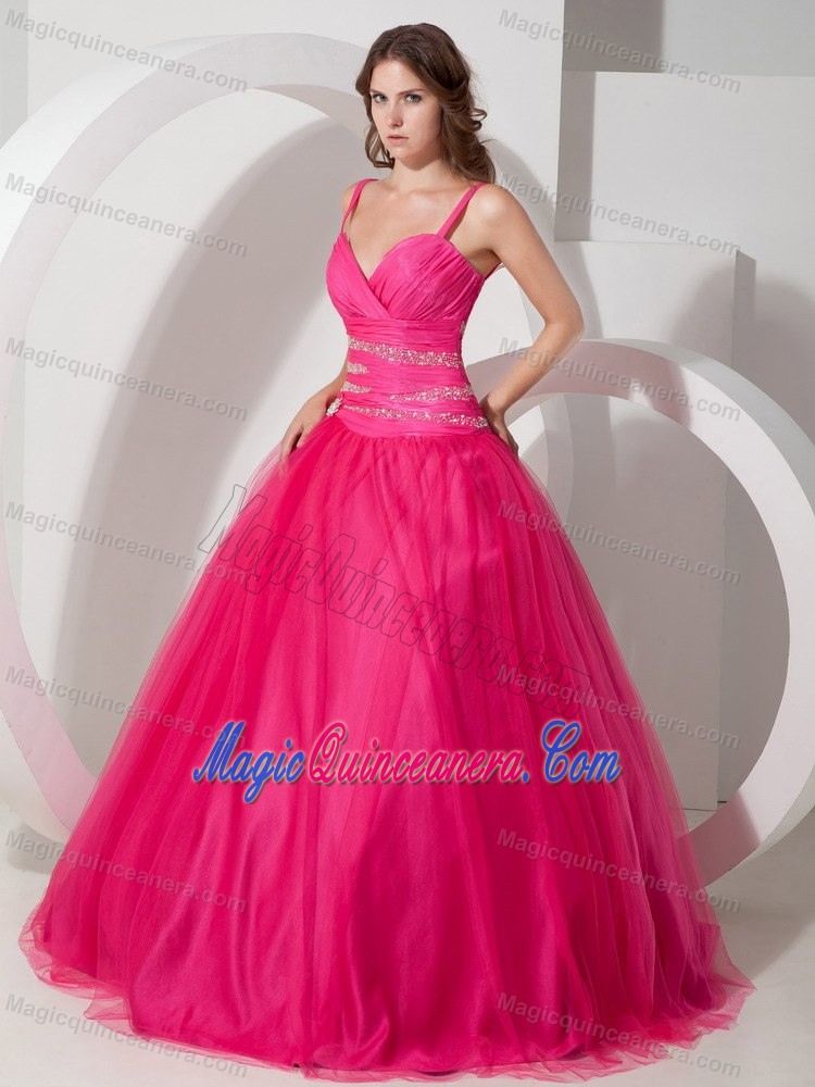 Hot Pink Beaded Sweet 15/16 Birthday Dress Spaghetti Straps