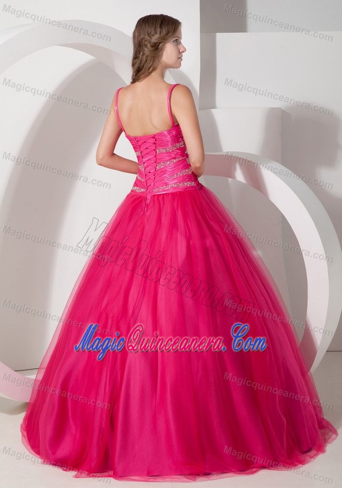 Hot Pink Beaded Sweet 15/16 Birthday Dress Spaghetti Straps