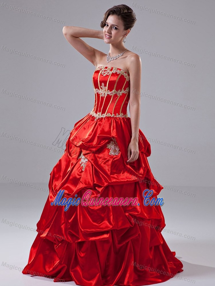 Fast Shipping Strapless Pick Ups Appliqued Quinceanera Dresses