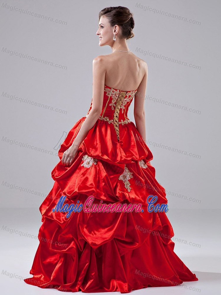 Fast Shipping Strapless Pick Ups Appliqued Quinceanera Dresses