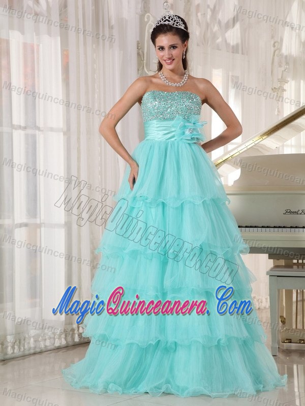 Apple Green Strapless Ruffled Beaded Cupcake Sweet 16 Dress