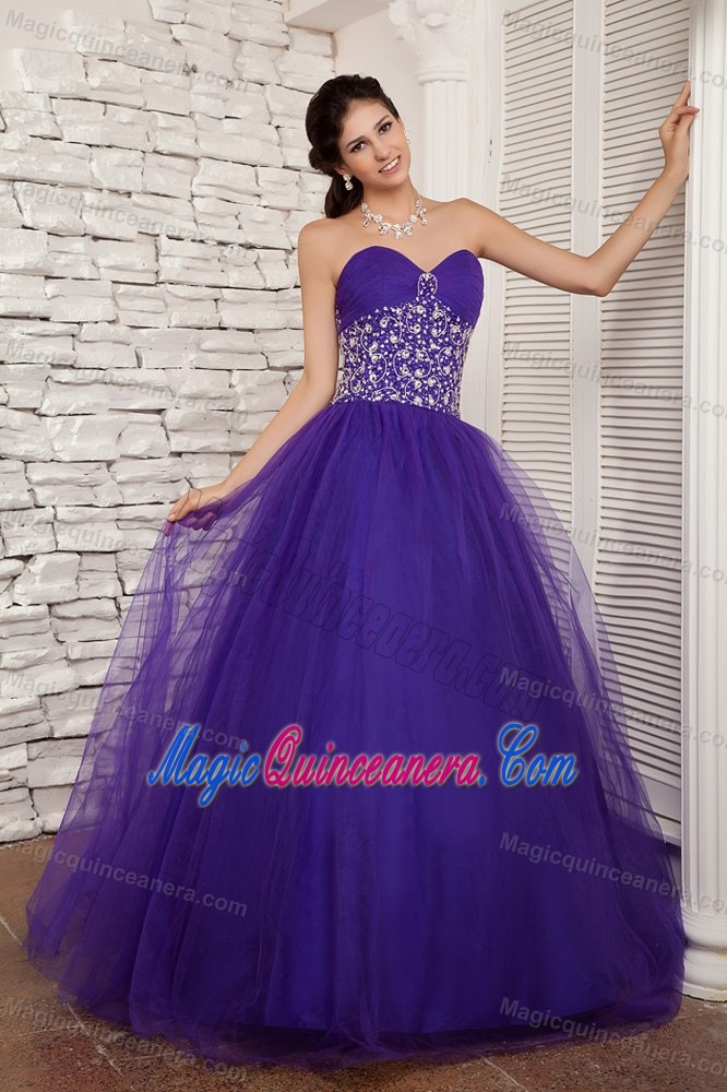 Modest Purple Sweetheart Tulle Dresses for a Quinceanera with Beading