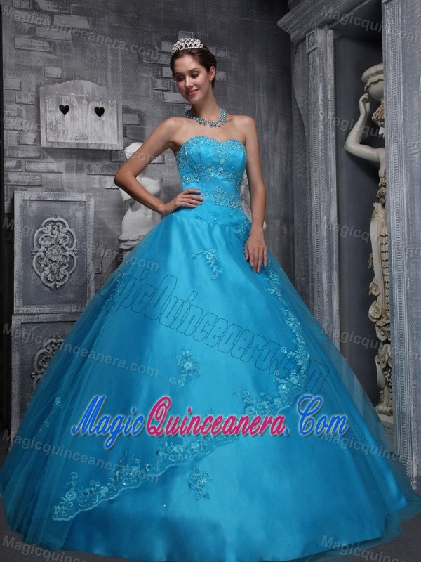 Blue Sweetheart Dresses for a Quinceanera Appliques Taffeta for Hawaii