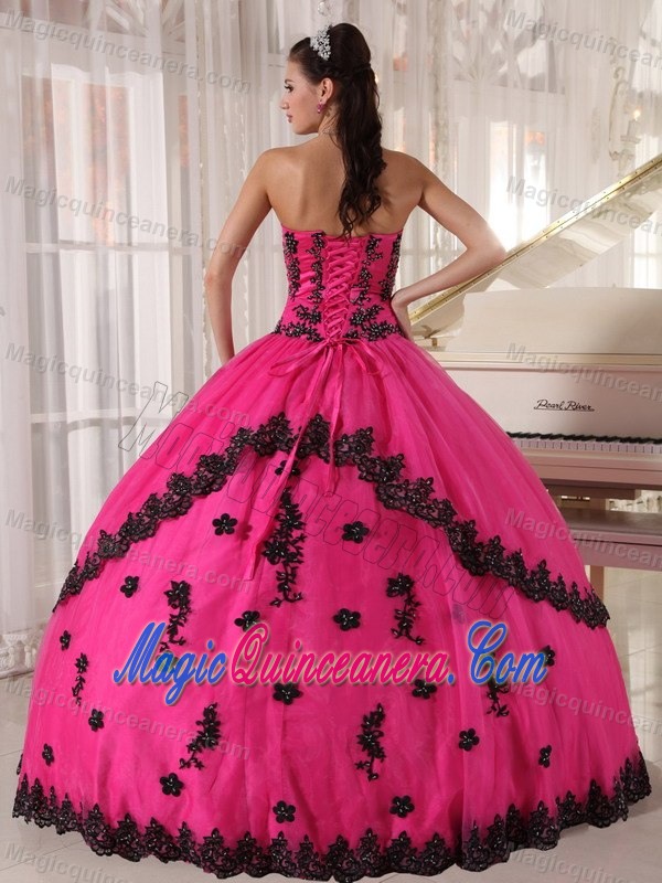 Attractive Hot Pink Strapless Appliques Quinceanera Gowns Lace Hem