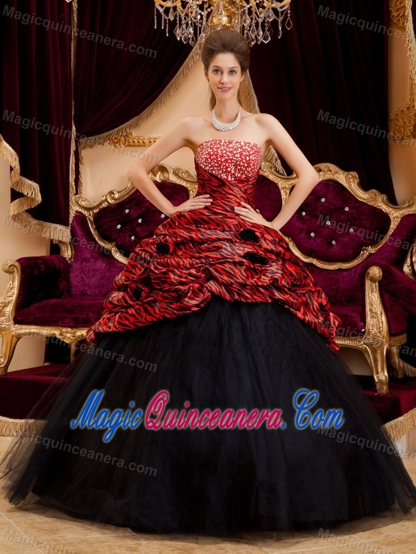 Trendy Black and Red Zebra Sweet 15 Dress Beading Tulle and Taffeta