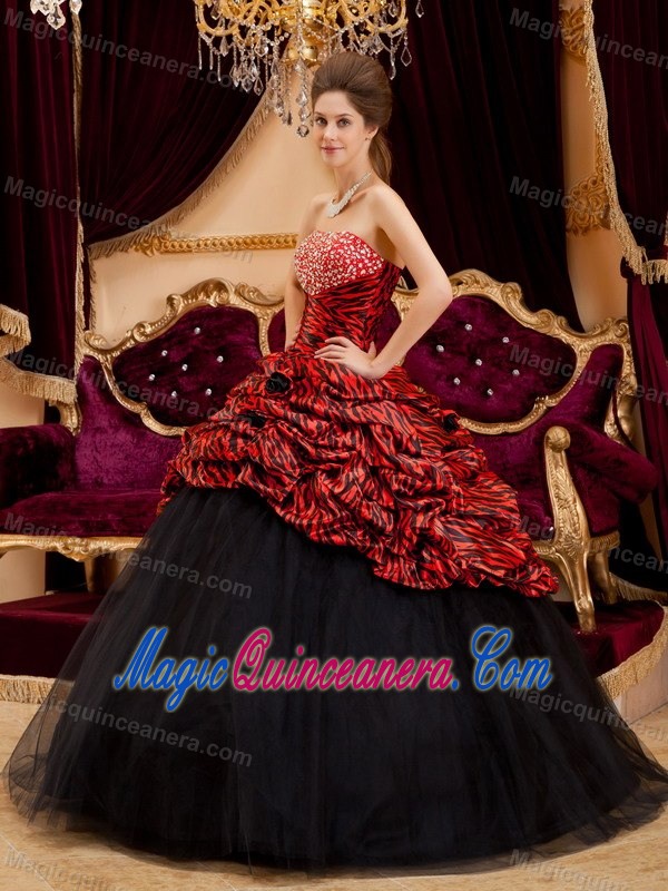 Trendy Black and Red Zebra Sweet 15 Dress Beading Tulle and Taffeta