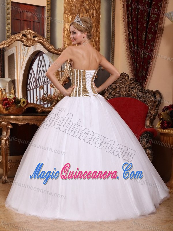 Recommended White Tulle Dress Quinceanera Strapless Sequins Bodice