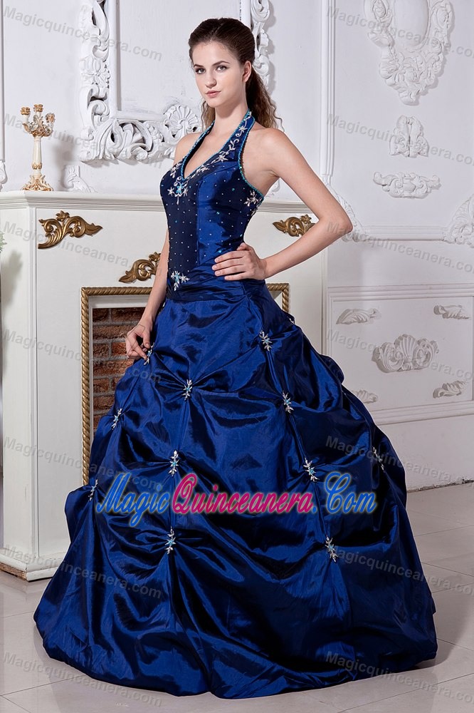 Graceful Royal Blue Dresses for Quince Halter Top Embroidery Taffeta