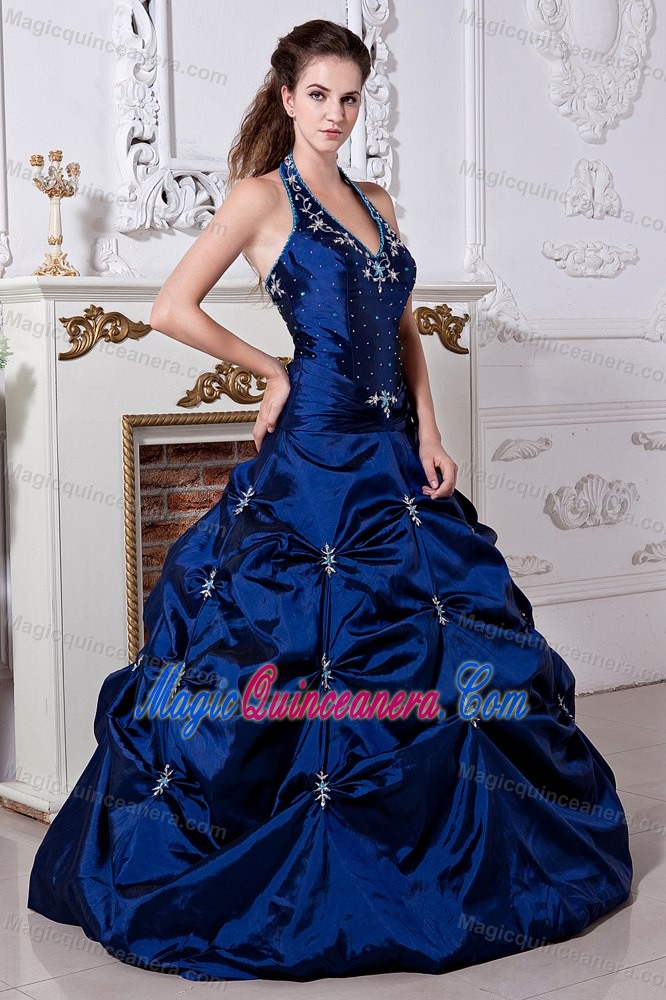 Graceful Royal Blue Dresses for Quince Halter Top Embroidery Taffeta