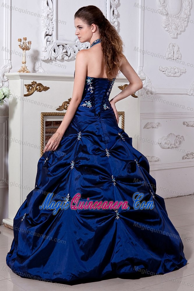 Graceful Royal Blue Dresses for Quince Halter Top Embroidery Taffeta