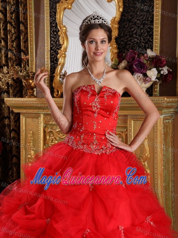 Custom Made Red Tulle Quinceanera Dresses Appliques with Pick-ups