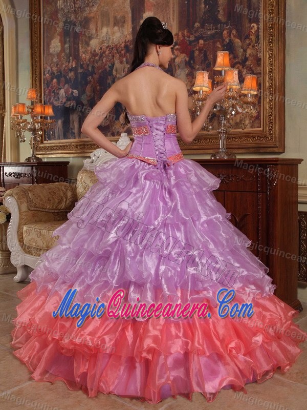 Colorful Halter Top Dresses for Sweet 15 Beading with Ruffled Layers