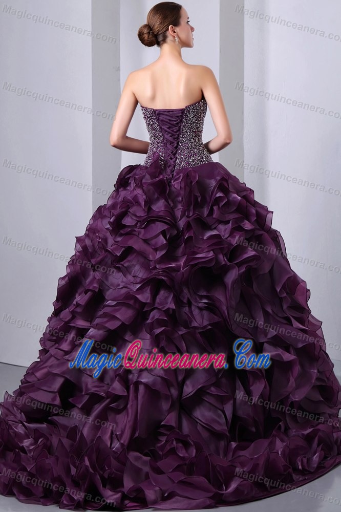 Dark Purple Sweetheart Beaded Dress for a Quinceanera Ruffled Layers