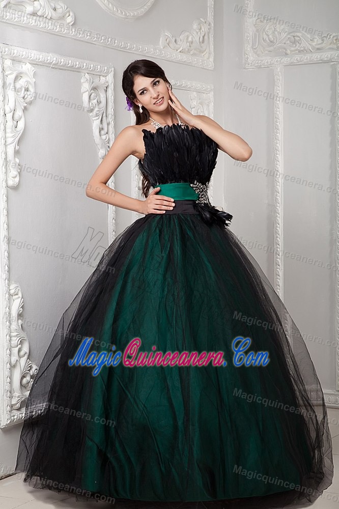 Tulle Ball Gown Strapless Sweet 15 Dress Feather and Beaded Decorate