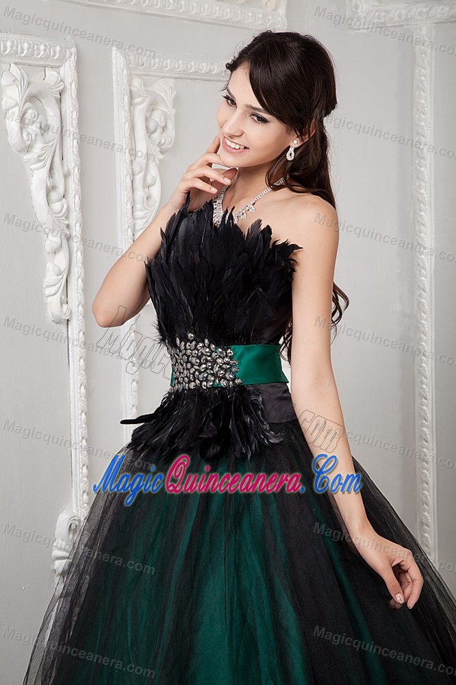 Tulle Ball Gown Strapless Sweet 15 Dress Feather and Beaded Decorate