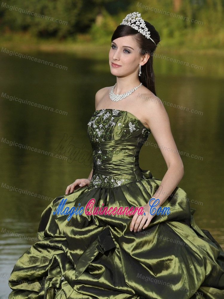 Pick ups and Appliques Taffeta Sweet 16 Dresses in Olive Green 2013