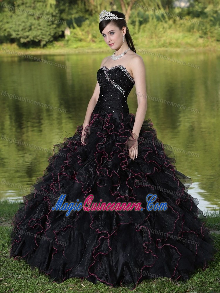 Beading and Puffy Ruffles Accent Black Quinceanera Gown Dresses