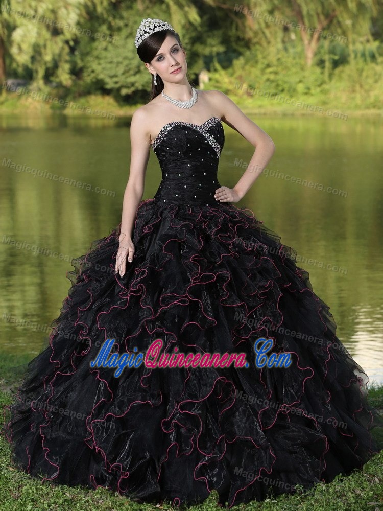 Beading and Puffy Ruffles Accent Black Quinceanera Gown Dresses