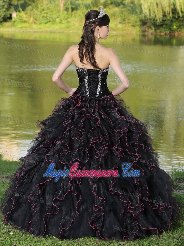 Beading and Puffy Ruffles Accent Black Quinceanera Gown Dresses