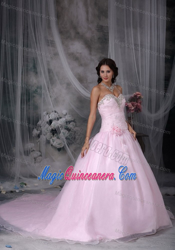 Beaded and Ruched Baby Pink Quinceanera Gowns with Court Train