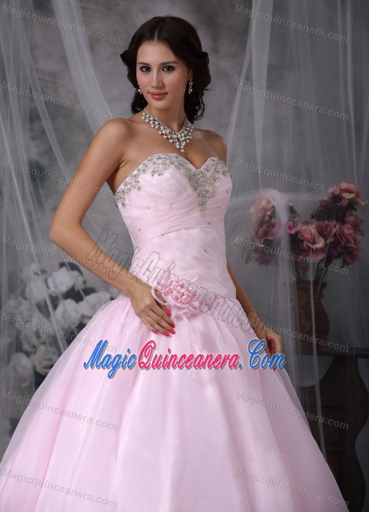 Beaded and Ruched Baby Pink Quinceanera Gowns with Court Train