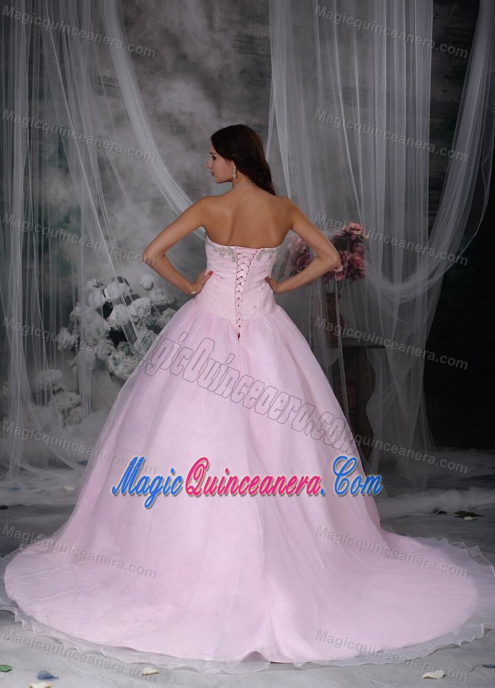 Beaded and Ruched Baby Pink Quinceanera Gowns with Court Train