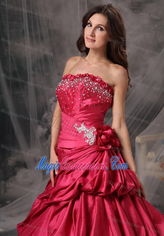 Red A-line Taffeta Quinces Dresses with Beading and Pick ups 2013