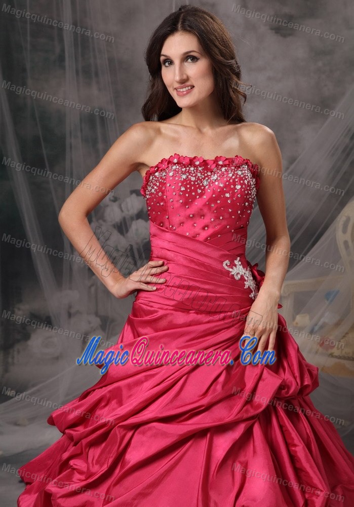 Red A-line Taffeta Quinces Dresses with Beading and Pick ups 2013