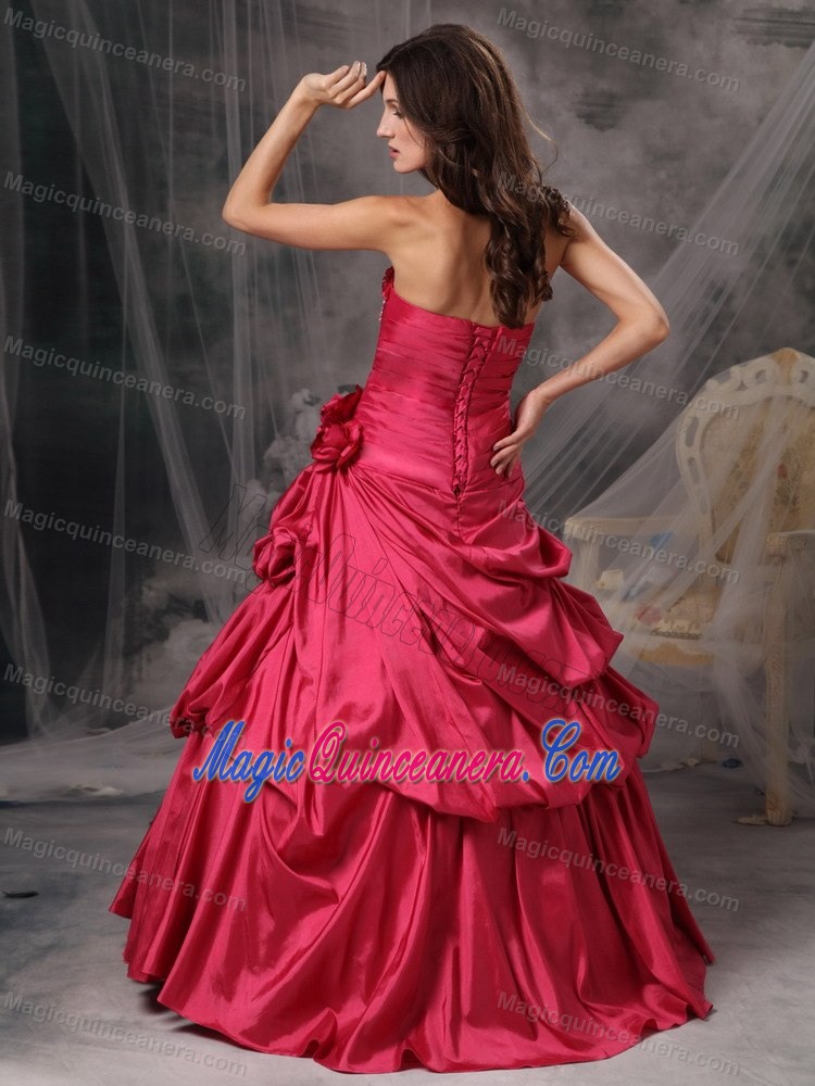 Red A-line Taffeta Quinces Dresses with Beading and Pick ups 2013