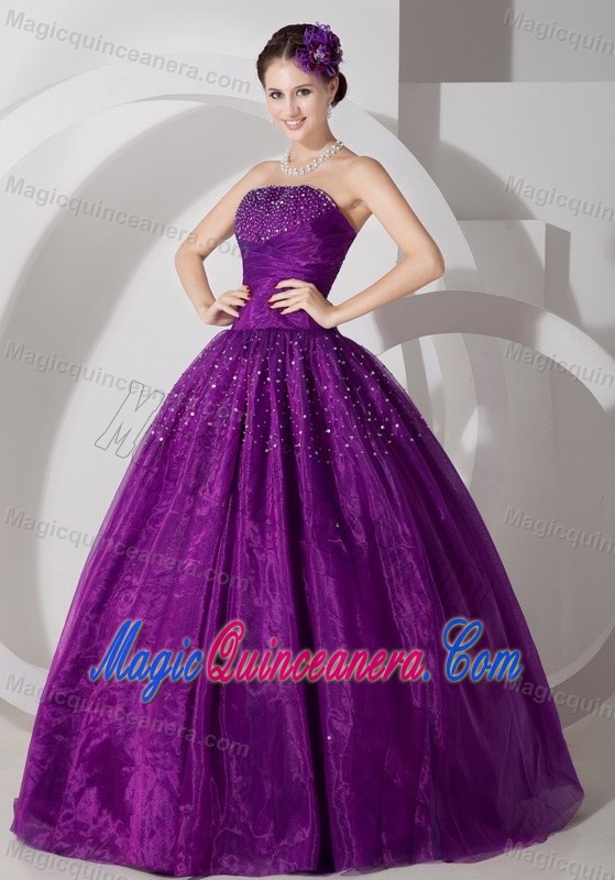 2013 New Beaded Strapless Eggplant Purple Organza Quinces Dress