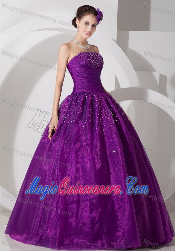 2013 New Beaded Strapless Eggplant Purple Organza Quinces Dress