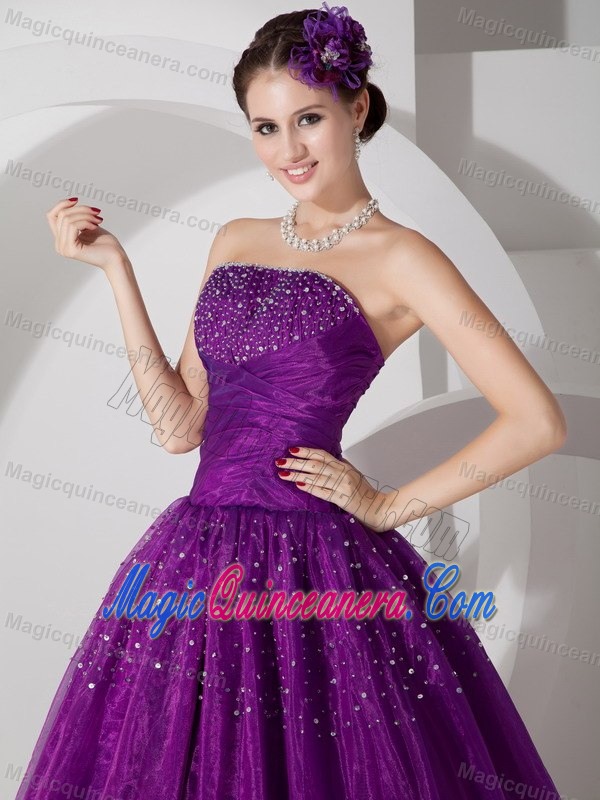 2013 New Beaded Strapless Eggplant Purple Organza Quinces Dress