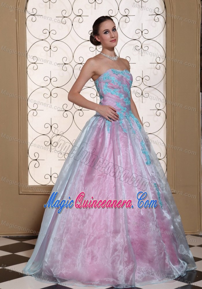 Light Blue Strapless Sweet 15 Dress with Appliques in Organza and Taffeta