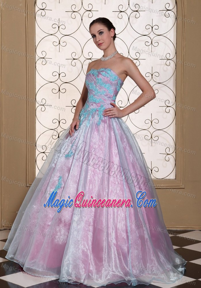 Light Blue Strapless Sweet 15 Dress with Appliques in Organza and Taffeta